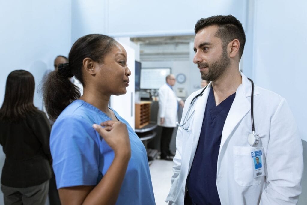 Hospital discharge planners and case managers discussing patient care — key referral sources for home care referral marketing